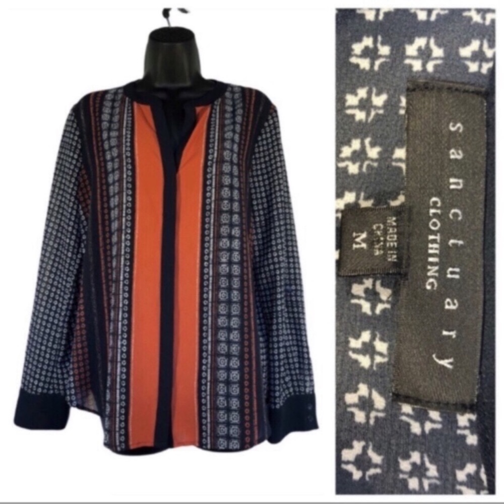 Sanctuary Clothing Women’s Sz Med Sheer Shirt Navy blue dark orange white print